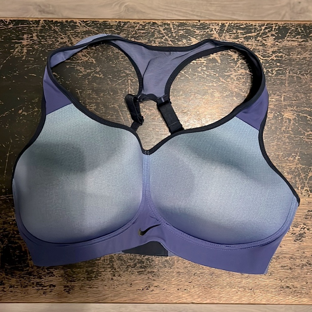 Lightly worn Nike Dri-Fit blue ombré t-back sports bra. Size 34D.